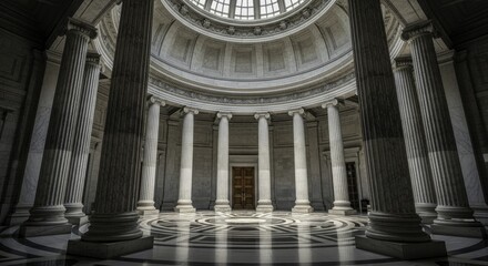 Grand Neoclassical Rotunda Interior with Ornate Dome, Fluted Columns, Ionic Capitals, and Geometric Marble Floor, Bathed in Sunlight and Shadows