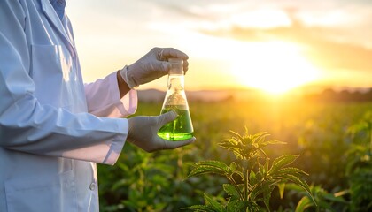 Scientist holds vibrant green liquid in flask at sunset in a field, perfect for agriculture, science, or alternative medicine concepts