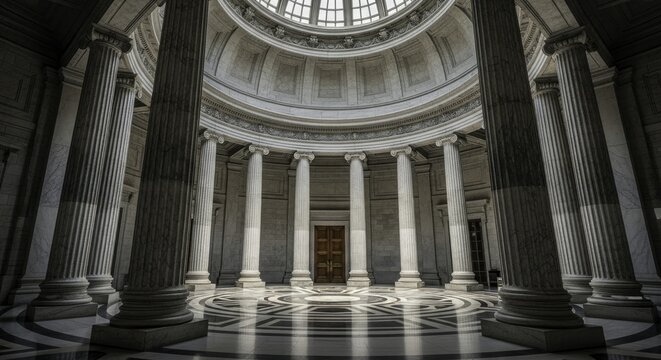 Grand Neoclassical Rotunda Interior with Ornate Dome, Fluted Columns, Ionic Capitals, and Geometric Marble Floor, Bathed in Sunlight and Shadows