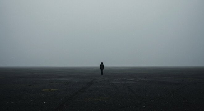 The Ghostly Silhouette of a Lone Wanderer Lost Within the Dark and Infinite Void of a Foggy Wasteland