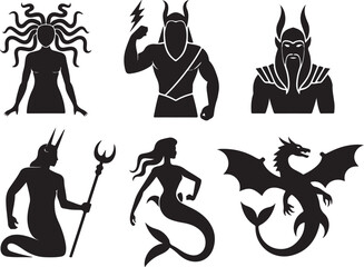 Mythic creatures silhouette collection fantasy legend icons