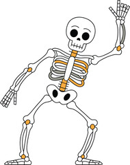 Cartoon skeleton dancing with orange joints bones white