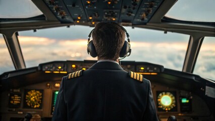 Rear View of Airline Pilot in Cockpit Flying Boeing Airplane for Transport