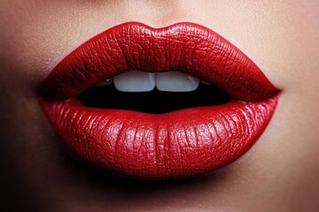 Obraz premium Close-up of a sensual mouth with glossy red lipstick slightly parted showing white teeth against smooth skin