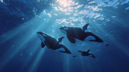 Fototapeta premium A pod of orcas gracefully swims through the sundrenched ocean, their sleek bodies cutting through the clear blue water
