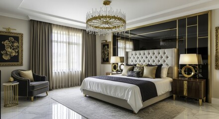 Luxurious and Elegant Master Bedroom Interior with Tufted Headboard, Gold Accents, Chandelier, and Marble Flooring