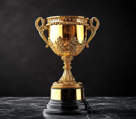 ornate gold trophy cup with decorative handles and embossed floral design on black marble base, shining brightly against dark background, symbolizing achievement and victory