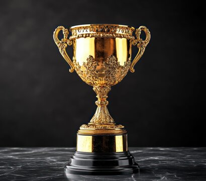 ornate gold trophy cup with decorative handles and embossed floral design on black marble base, shining brightly against dark background, symbolizing achievement and victory - Powered by Adobe