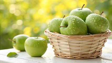 Green Apple in basket with water drop on white surface in natural warm sunlight background