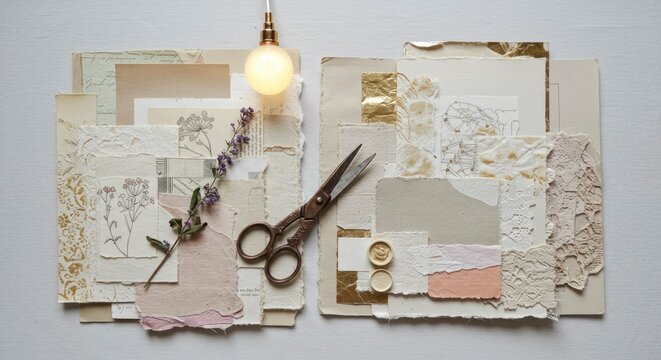 Vintage Inspired Creative Collage with Handmade Papers, Botanical Drawings, and Craft Supplies.