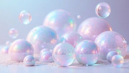 Fototapeta premium Holographic spheres with iridescent reflections exhibition, colorful easter eggs on blue background