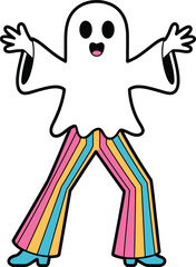 Cartoon ghost wearing colorful striped bell bottom pants