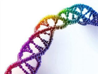 Close-up 3D visualization of a colorful DNA double helix structure with spherical components against a white background