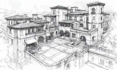 Hand-drawn architectural sketch of modern building design, black ink on white background