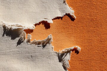 Torn beige and orange fabric showing frayed edges and contrasting textures