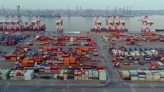 Aerial view of the cargo terminal of Tianjin Port at dusk