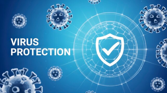 Virus protection concept with shield and viruses on a blue background