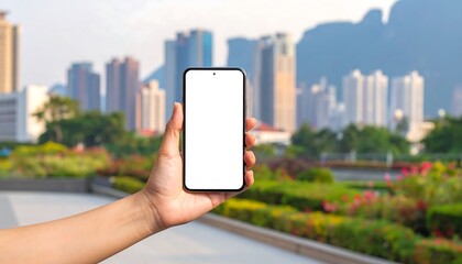 A modern smartphone displays a blank screen, held in a hand, with a cityscape and garden backdrop.
