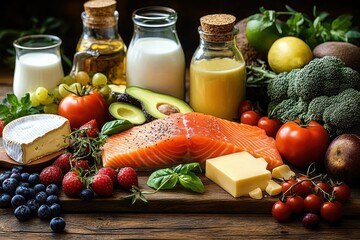 Fresh salmon fillets surrounded by a variety of healthy foods including cheese, avocado, berries, tomatoes, broccoli, milk, and olive oil on a wooden surface emitting a wholesome and vibrant mood