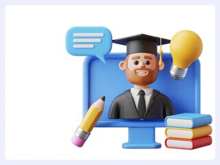 Cartoon graduation man on computer with books and lightbulb and pencil