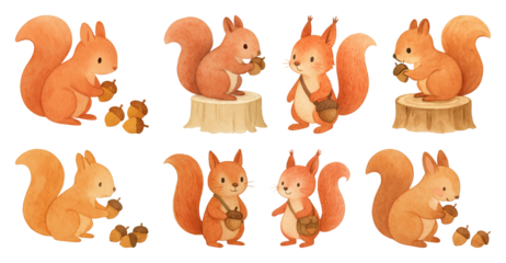PNG Cute squirrels with acorns illustration, element set on transparent background