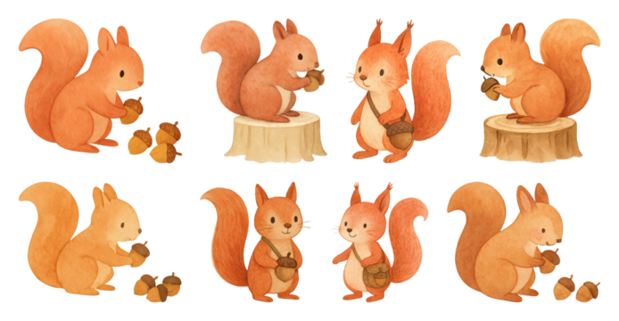 PNG Cute squirrels with acorns illustration, element set on transparent background