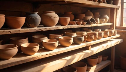 Handmade terracotta pottery displayed on wooden shelves, bathed in warm sunlight.