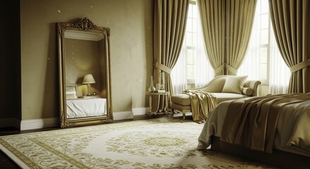Luxurious Bedroom Interior with Elegant Gold Decor, Ornate Mirror, Chaise Lounge, and Sunlit software for a Serene Ambiance