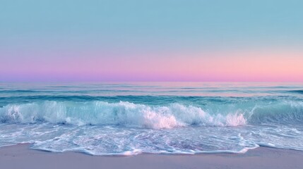 Gentle ocean wave rolls onto the sandy beach at sunset, creating a serene and peaceful coastal scene