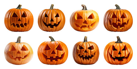 PNG Halloween pumpkins with carved faces, element set on transparent background