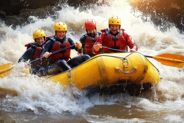 Four people wearing helmets and life jackets navigating turbulent whitewater rapids in a yellow inflatable raft with intense focus and excitement