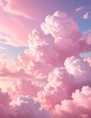 A breathtaking vista of fluffy, pastel pink clouds against a serene sky.