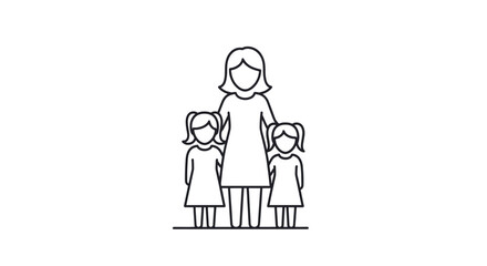 A simple black and white line art icon depicting a mother standing with her two young daughters, representing family and motherhood.