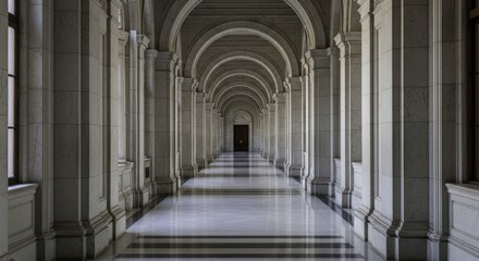 Long, elegant marble hallway with symmetrical arches and columns, showcasing classical architecture and a reflective floor leading to a distant door.