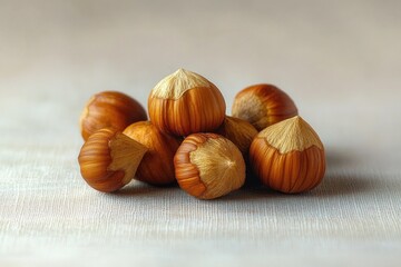 Obraz premium Close-up of a group of whole hazelnuts with brown shells placed on a light fabric surface, showcasing natural textures and warm earthy tones