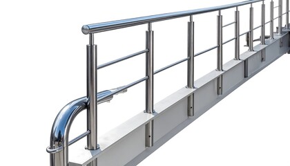 A modern, stainless steel railing system extends along a wide platform, showcasing sleek design elements and robust construction.