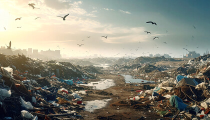 Birds scavenging over a massive, overflowing landfill under a cloudy sky.