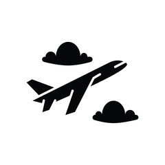 Plane flight icon. Simple solid style. Commercial airplane climbing between clouds, joy of flying and traveling concept. Silhouette, glyph symbol. Isolated design.