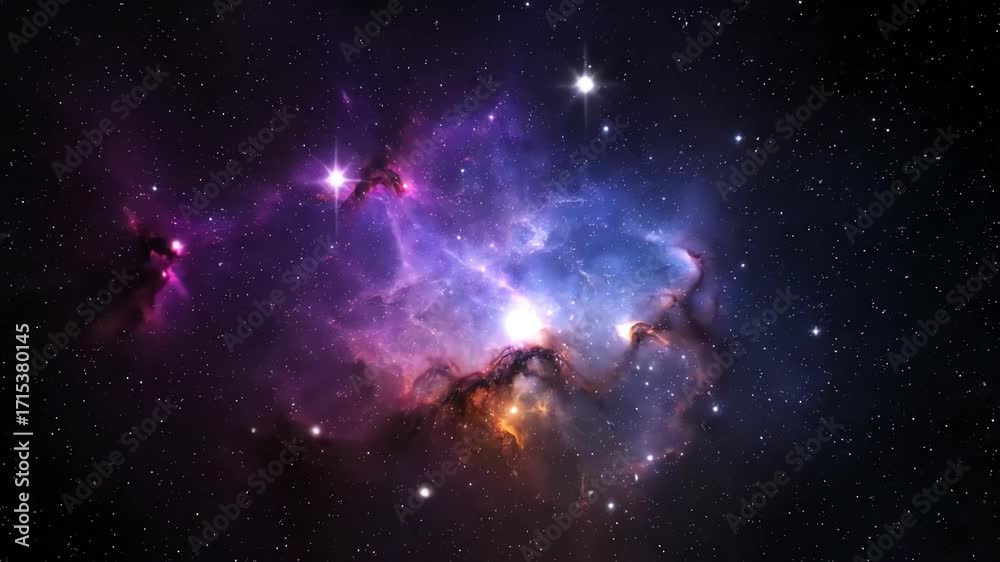 Wall mural swirling cosmic nebula with bright, abstract star flares for a continuous loop background presentati