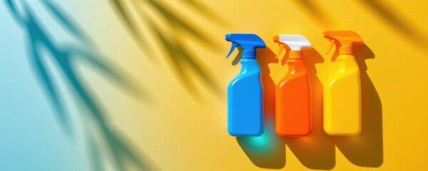 Brightly Colored Spray Bottles Against a Vibrant Yellow Background with Shadows and Soft Focus for Cleaning, Home, and Hygiene Themes