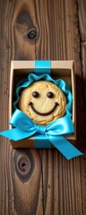 Cheerful Smiley Face Cookie with Chocolate Chips in Decorative Blue Wrapping Inside a Gift Box with Blue Ribbon on Wooden Surface for Celebrations