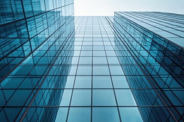 Upward view of tall modern glass skyscraper with reflective blue windows under clear sky conveying urban sophistication and architectural elegance