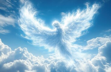 A bright angelic figure formed from glowing white clouds rises majestically in a radiant blue sky surrounded by fluffy white clouds, evoking a sense of peace and wonder