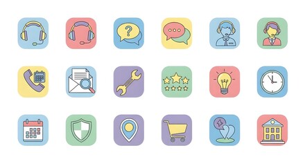 Collection of colorful hand-drawn icons for business and communication.