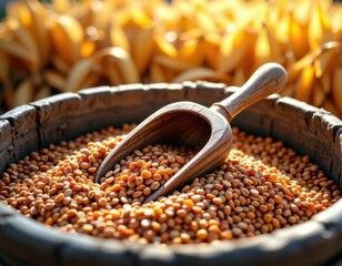 Close up of a wooden scoop resting in a large barrel filled with lentils with a background of yellow beans on a sunny farm field in daytime