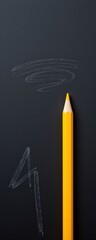 Close-up of a yellow pencil standing upright on a black chalkboard creating chalk swirl and light streaks, minimalistic drawing with vibrant color and simple design