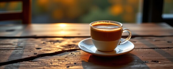 Coffee cup on a wooden table illuminated by warm natural sunlight with a blurred background creating a cozy and inviting morning or cafe atmosphere