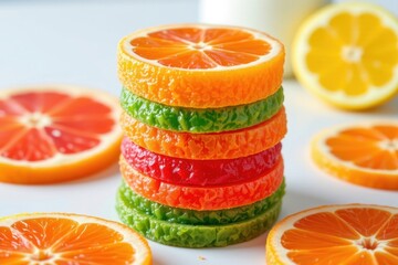 Colorful citrus fruit slices stacked in a tower with other slices scattered around on a white background perfect for healthy food and snack imagery