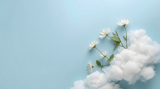 Dreamy minimalist composition with delicate white flowers emerging from fluffy cloud on soft blue background, symbolizing purity, imagination, creativity, nature, and peaceful sky concept for design o