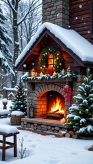 Cozy winter scene featu a decorated outdoor fireplace with Christmas ornaments and evergreen trees covered in fresh snow in a festive holiday setting